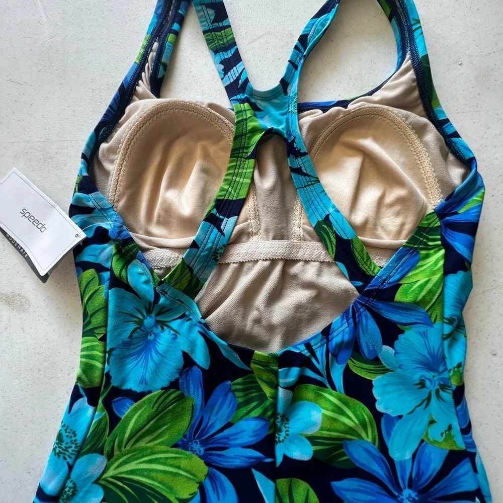 SPEEDO WOMAN’S SIZE 12 BLUE & GREEN FLORAL ONE-PIECE SWIMSUIT.  NWT  NOT PADDED